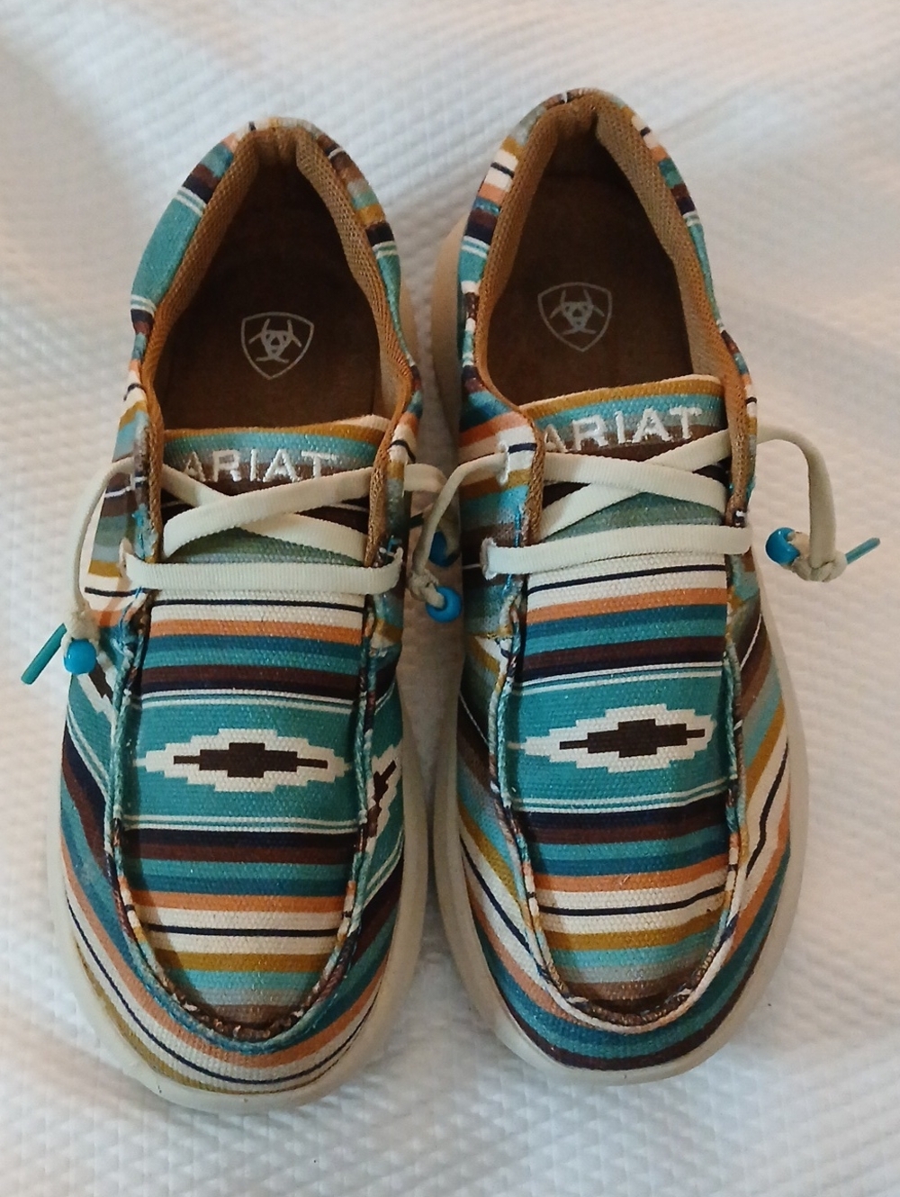 Ladies Turquoise and Brown Striped Slip-On Sneakers